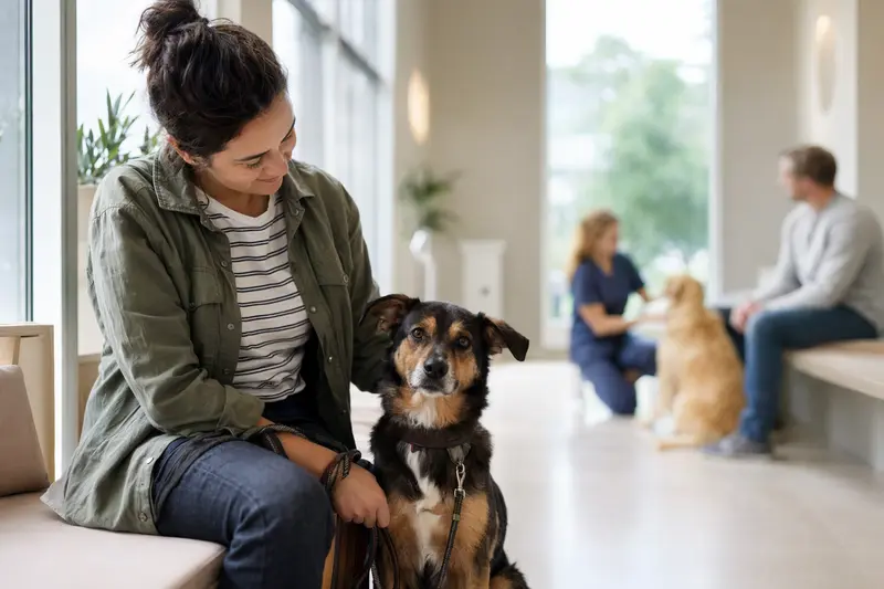 Ein Barak Hund sitzt ruhig neben seinem Besitzer im hellen Wartezimmer einer modernen Tierarztpraxis.